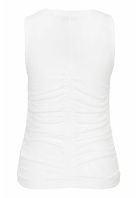 White sleeveless top with a round neckline and gathered detailing on the back. The fabric is smooth and stretchy, forming a fitted silhouette.