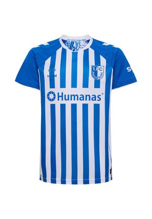 Blå- og hvidstribet 1. FC Magdeburg fodboldtrøje med sponsorlogo Humanas og Hummel mærkelogo på brystet.
