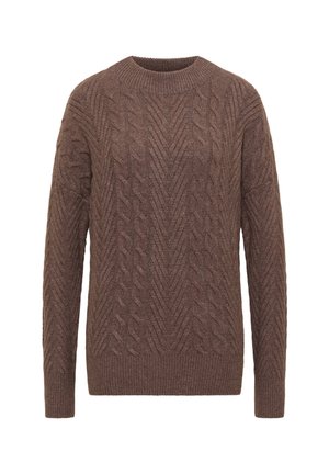 Maglione marrone a maglia con scollatura tonda e maniche lunghe, caratterizzato da un motivo testurizzato e polsini e orlo a costine.