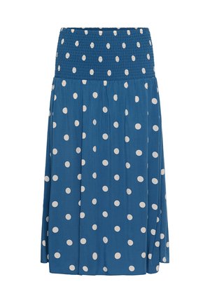 Jupe midi bleue à pois blancs, avec une ceinture smockée et un tissu fluide.