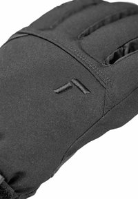 Schwarze isolierte Handschuhe mit einer strukturierten Oberfläche, genähten Details und Fingeröffnungen. Merkt sich durch eine minimalistische Markierung, die im Material eingeprägt ist.