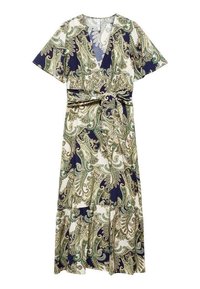 Robe longue en tissu léger, ornée d'un motif paisley vert et bleu marine, avec un décolleté en V, des manches courtes et un détail à la taille avec un lien.