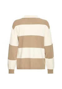 Pull-over rayé beige et blanc avec manches longues et col, confectionné en maille douce.