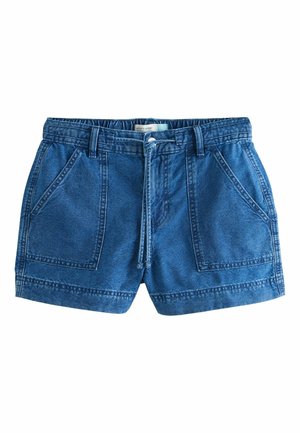 Blue denim shorts with elastic waistband, front pockets, belt loops, and front button closure with drawstring.