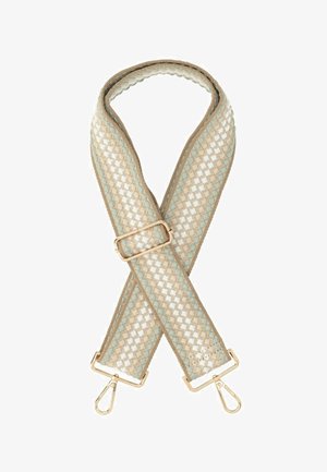 Cinghia intrecciata in beige e blu chiaro con un motivo a diamante, dotata di accessori e clip in tonalità oro a entrambe le estremità. Morbida al tatto.