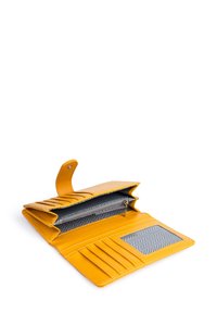 Yellow leather wallet with multiple card slots, a zippered pocket, and a transparent ID window. Gray chevron-patterned lining.
