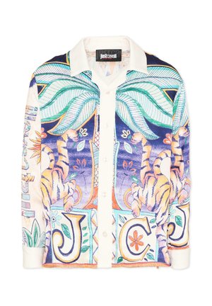 Camicia a maniche lunghe con bottoni, con motivi colorati di tigri, foglie e fiori; colletto e polsini bianchi; etichetta "Just Cavalli" sul colletto.