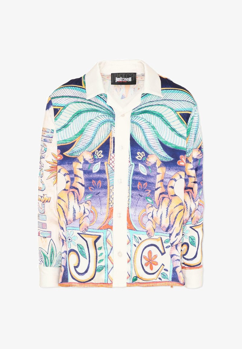 Chemise à manches longues avec boutons, motifs colorés de tigres, feuilles et fleurs ; col et poignets blancs ; étiquette "Just Cavalli" sur le col.