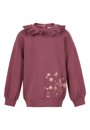 Mauve bluza z falbanką na kołnierzu z koronki, długimi rękawami oraz kwiatowymi i motylkowymi nadrukami w pobliżu dołu. Materiał o fakturze.