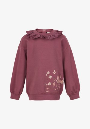 Sweat-shirt mauve avec un col en dentelle froncé, des manches longues et des détails imprimés de fleurs et de papillons près de l'ourlet. Tissu texturé.