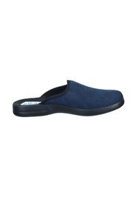 Pantofole blu navy con una parte superiore morbida simile al camoscio e una suola flessibile in gomma nera. Presentano un design slip-on e una superficie texturizzata.