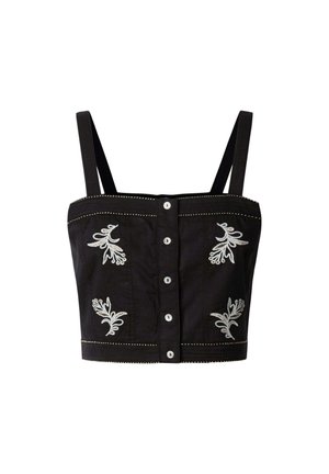 Schwarzes kurzes Oberteil mit verstellbaren Trägern; ausgestattet mit weißer Blumenstickerei, Knopfleiste und dekorativen Nähten am Saum.