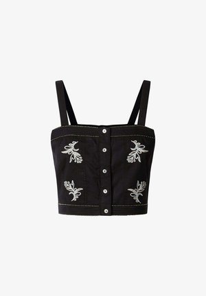 Schwarzes kurzes Oberteil mit verstellbaren Trägern; ausgestattet mit weißer Blumenstickerei, Knopfleiste und dekorativen Nähten am Saum.