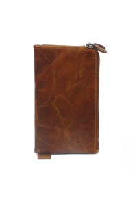 Bruine leren portemonnee met een textuur oppervlak, ritssluiting en een subtiele logo-embossing aan de onderzijde van de voorkant. Compact rechthoekig ontwerp.