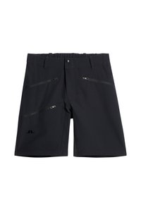 Svarta shorts i stretchmaterial med flera fickor med dragkedja och en platt midja med knappstängning. Märkesdetalj på sidan.