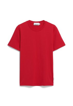 Rotes Baumwoll-T-Shirt mit kurzen Ärmeln, rundem Ausschnitt und geradem Saum. Das Etikett an der Seite zeigt den Markennamen.