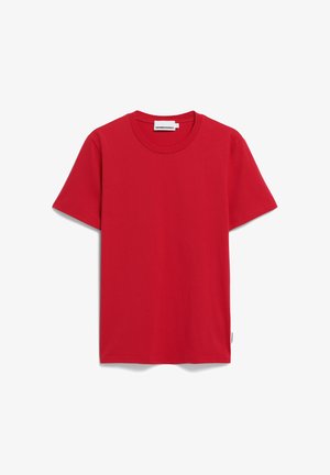 Rotes Baumwoll-T-Shirt mit kurzen Ärmeln, rundem Ausschnitt und geradem Saum. Das Etikett an der Seite zeigt den Markennamen.