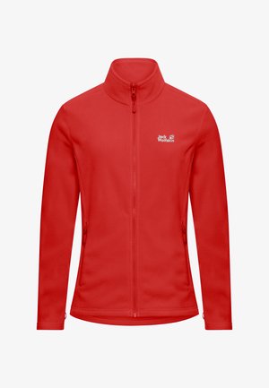 Rote Fleecejacke mit hohem Kragen, Frontreißverschluss, zwei Seitentaschen und kleinem Logo auf der Brust. Weiche Textur und figurbetontes Design.