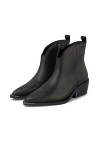 Botas de tobillo de cuero negro con punta afilada, cierre de cremallera y un tacón bajo tipo bloque. Textura suave con sutiles acentos metálicos en las puntas.
