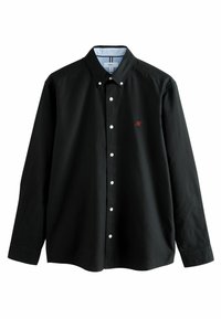 Camicia nera a maniche lunghe in cotone, con colletto a punta, bottoni bianchi e un piccolo logo rosso ricamato sul petto.