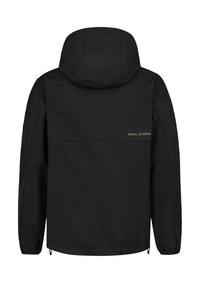 Zwarte hoodie met een gladde textuur, voorzien van een logo op de bovenrug, elastische manchetten en een verstelbare zoom voor een slanke pasvorm.