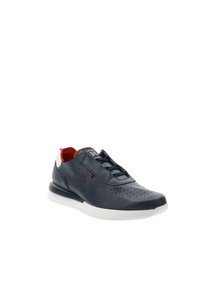 Sneaker in pelle blu navy con dettagli perforati, lacci elastici e una suola bianca a contrasto. Caratterizzato da accenti rossi e bianchi sul colletto.