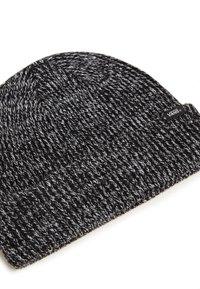 Cappello beanie lavorato a maglia in nero e grigio con un motivo testurizzato e un piccolo etichetta con brand. Materiale morbido e stretch.