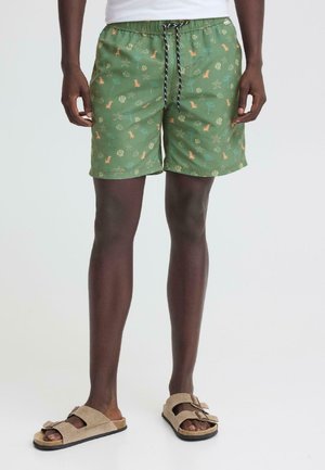 Uomo che indossa pantaloncini verdi con coulisse stampati con foglie tropicali e animali e sandali beige con fibbia, su sfondo bianco.