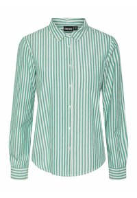 Groen-wit gestreept button-down shirt met lange mouwen, kraag, borstzak en contrasterende streepdetails op de manchetten.