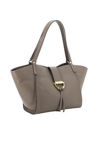 Leather tote bag in muted taupe, featuring a structured shape, two handles, a central strap, and a gold-tone hardware detail.