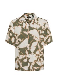 Short-sleeve shirt in lightweight fabric with a green, white, and peach floral pattern. Features a collared neck and buttons down the front.