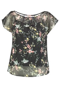 Svart blommig blus med korta fladderärmar, tillverkad av ett mjukt, genomskinligt tyg, med volangkrage och färgglada blommönster i rosa, gult och vitt.