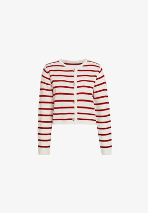 Cardigan rayé rouge et blanc avec un col rond, des manches longues et une fermeture à boutons à l'avant. Fabriqué en tissu tricoté.