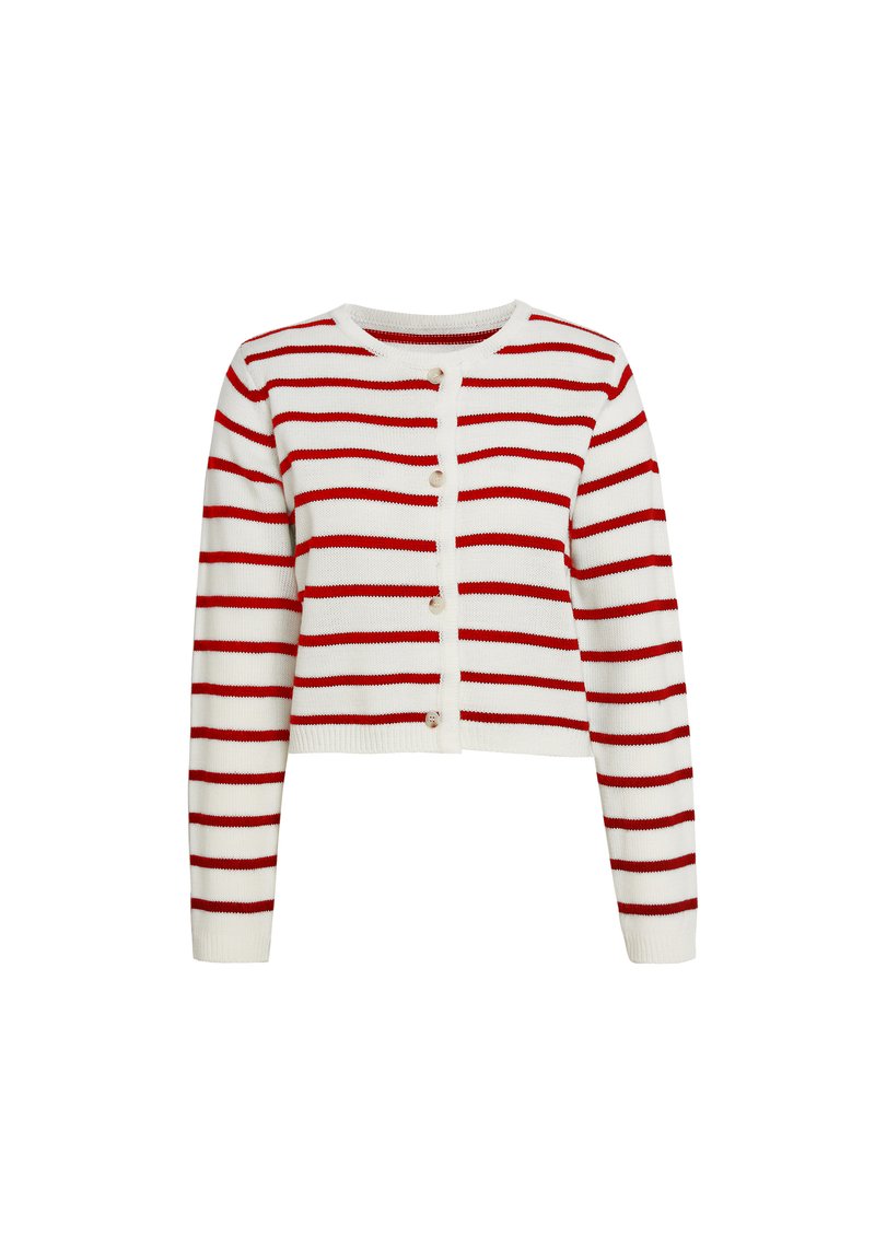 Rood-wit gestreepte cardigan met een ronde halslijn, lange mouwen en een knoopsluiting aan de voorkant. Gemaakt van gebreid materiaal.
