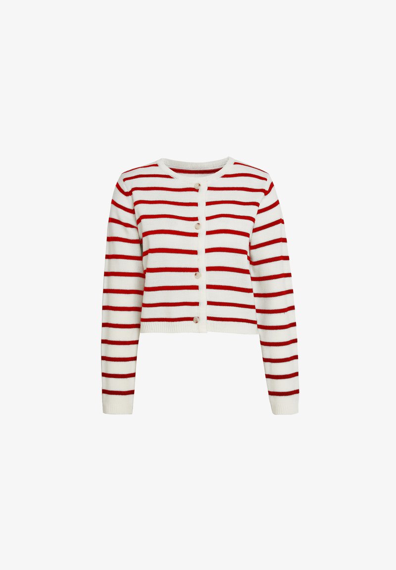 Rood-wit gestreepte cardigan met een ronde halslijn, lange mouwen en een knoopsluiting aan de voorkant. Gemaakt van gebreid materiaal.