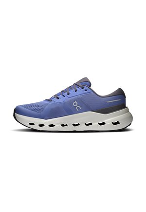 Blue athletic running shoe with gray laces, breathable mesh, and thick white cushioned sole with ventilation holes.