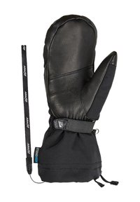 Schwarze wasserdichte Handschuhe mit Lederhandfläche, elastischem Handgelenkzug und verstellbarem Kordelzug. Mit einem Riemen mit Logo für sicheren Halt.