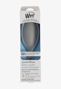 Wet Brush Original Detangler, limited edition, ovale vorm, grijze borstels, doorzichtige handgreep, beweert 55% minder haarbreuk. Verpakking weergegeven.