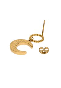 Náušnice ve zlatavém tónu ve tvaru půlměsíce s texturovaným povrchem a malým kruhovým spojovacím dílem, charakteristické hladkým povrchem.