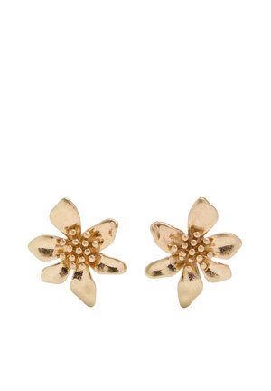 Kolczyki wkrętki w kształcie kwiatu z metalu w złotym odcieniu, z fakturowanymi płatkami i wypukłymi szczegółami z koralików na środku.