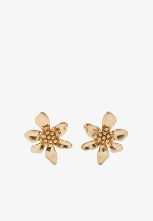 Kolczyki wkrętki w kształcie kwiatu z metalu w złotym odcieniu, z fakturowanymi płatkami i wypukłymi szczegółami z koralików na środku.
