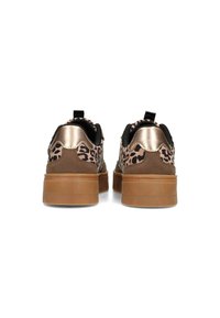 Brown sneakers with a leopard print upper, metallic gold accents, black textile lining, and a textured gum rubber sole.