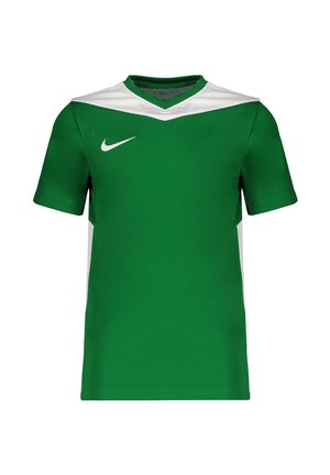 Grøn sports T-shirt med korte ærmer, med et hvidt V-formet panel på skuldrene og hvid Nike-logo på højre bryst.