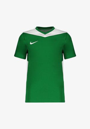 Grøn sports T-shirt med korte ærmer, med et hvidt V-formet panel på skuldrene og hvid Nike-logo på højre bryst.