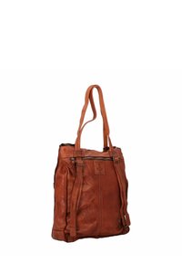 Borsa tote in pelle marrone con cinturini regolabili, chiusura con zip, tasca frontale con logo dell'ancora e superficie morbida e testurizzata.