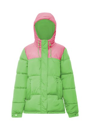 Puffjakke med en grøn nederste del og en lys pink øverste del, der har hætte, frontlynlås og to lynlåslommer.
