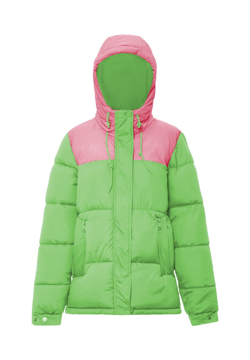 Giacca puffa con una sezione inferiore verde e una sezione superiore rosa chiaro, dotata di cappuccio, cerniera frontale e due tasche con zip.