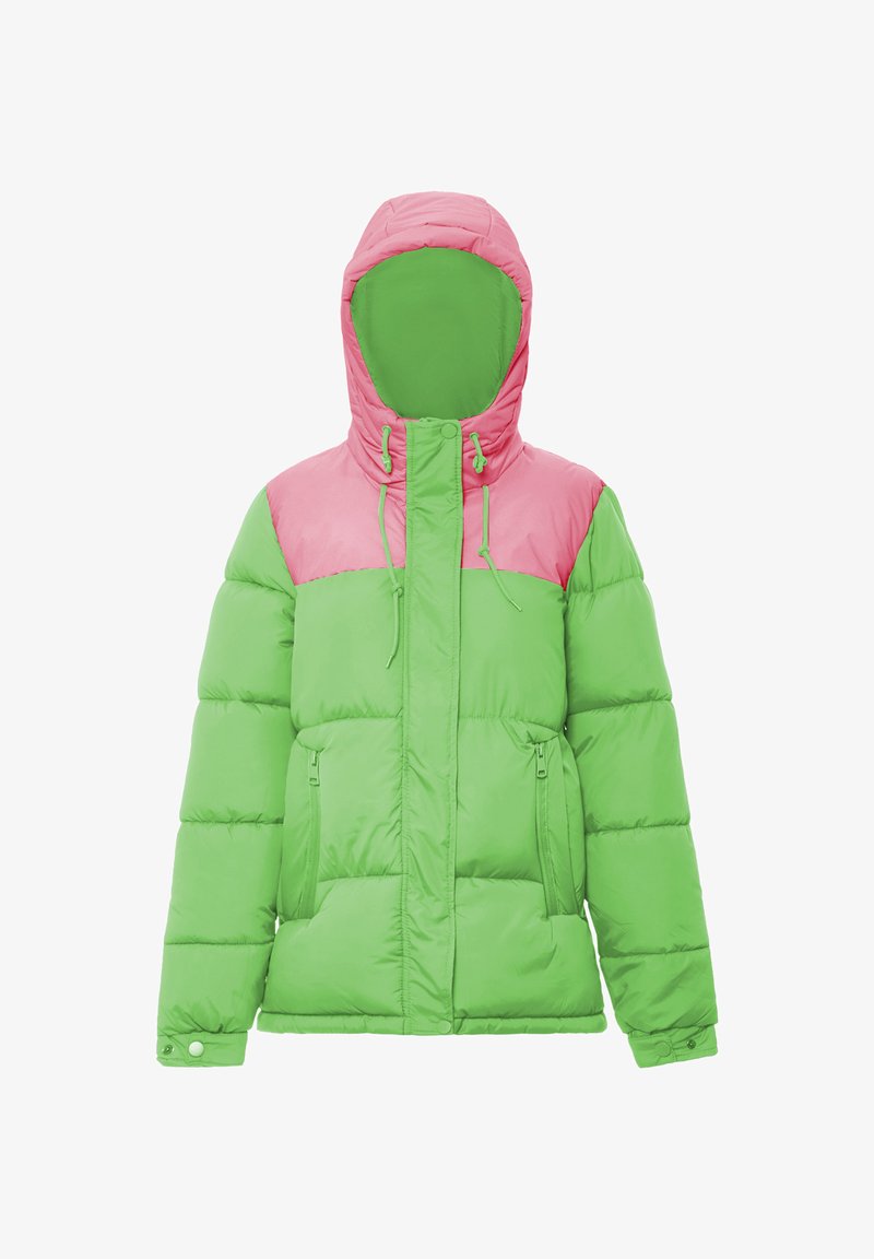 Kurtka puchowa z zieloną dolną częścią i jasnoróżową górną częścią, z kapturem, zamkiem błyskawicznym z przodu oraz dwiema kieszeniami na zamek.