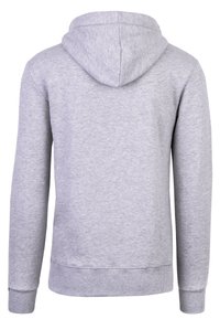 Grauer Kapuzenpullover mit langen Ärmeln, einfarbigem Design und gerippten Bündchen sowie Saum. Rückansicht, keine Muster oder Hardware sichtbar.