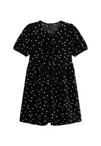 Abito corto nero a maniche corte con pois bianchi, scollatura tonda e dettaglio a fiocco davanti. Fondo svasato e tessuto strutturato.